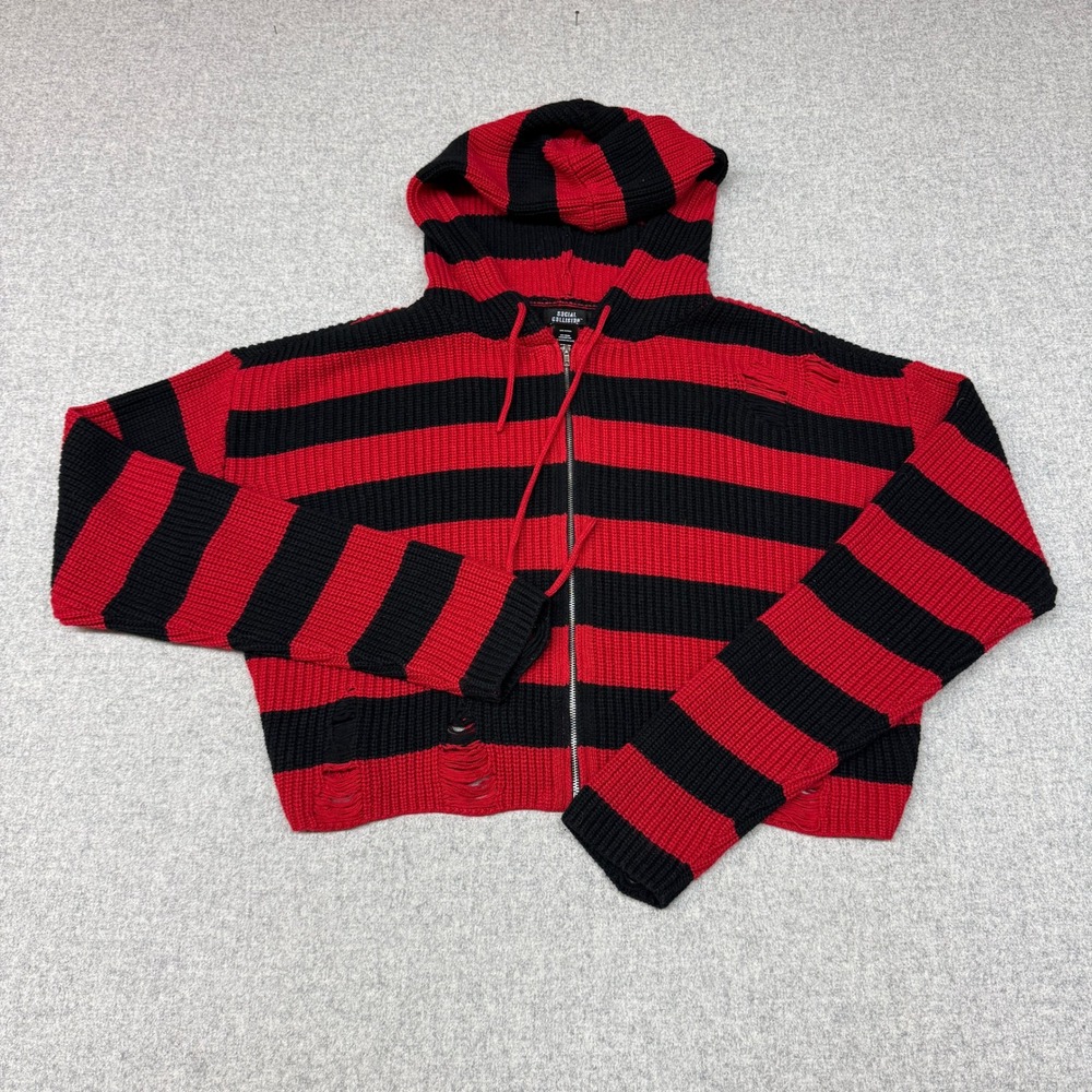 Social Collision Zip Up Hooded Sweater XL Red Black Striped Distressed GrungeEmo